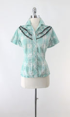 Vintage 50s 60s Women's Trail Ridge Aqua Plaid Ruffled Western Shirt S