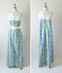 Vintage 60's Mc Inery MOD Blue Green Print Hawaiian Maxi Dress L - Bombshell Bettys Vintage