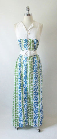 Vintage 60's Mc Inery MOD Blue Green Print Hawaiian Maxi Dress L