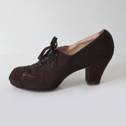 Vintage 30's 40's Brown Suede Lace Up Peep Toe Heels Shoes 8