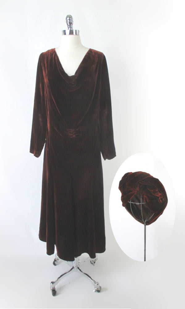 Vintage 20s 30s Brown Velvet Dress Matching Turban M
