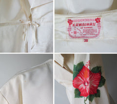 Vintage 40's 50's Rare White Taffeta Hand Painted Hawaiian Robe Dressing Gown - Bombshell Bettys Vintage