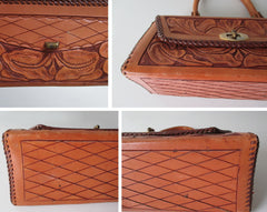 Vintage 50's Tooled Leather Top Handle Box Handbag - Bombshell Bettys Vintage