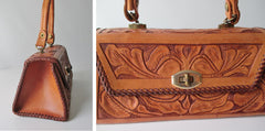 Vintage 50's Tooled Leather Top Handle Box Handbag - Bombshell Bettys Vintage