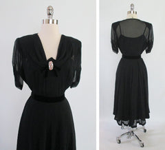 z Vintage 40's Black Chiffon & Velvet Illusion Rhinestone Party Dress L - Bombshell Bettys Vintage