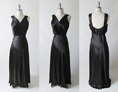 Vintage 40's Black Duchess Satin Evening Gown M - Bombshell Bettys Vintage