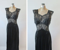 Vintage 40's Artemis Black Satin Sheer Lace Nightgown 34 - Bombshell Bettys Vintage