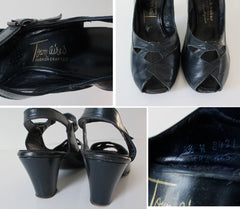 Vintage 40's Navy Blue Peep Toe Casual Day Heels Shoes 8.5 W - Bombshell Bettys Vintage