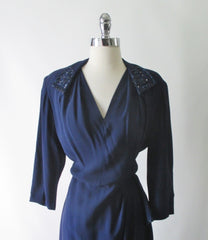 Vintage 40's Navy Blue Beaded Evening Dress L / XL - Bombshell Bettys Vintage