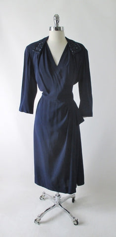 Vintage 40's Navy Blue Beaded Evening Dress L / XL