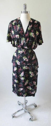 • Vintage 40's Black Pink Houses & Hats Novelty Print Rayon Day Dress L / XL