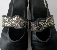 Vintage 40s Black Satin & Gold Brocade Slingback Wedge Slippers / Shoes 8 - Bombshell Bettys Vintage