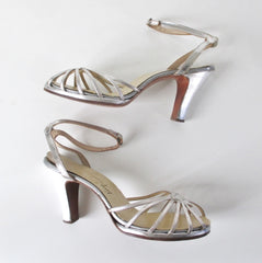 Vintage 40s Strappy Silver Platform Heels Shoes 8 - Bombshell Bettys Vintage