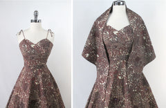 Vintage 50s Novelty Print Fit & Flare Dress Matching Wrap / Shawl XS / XXS
