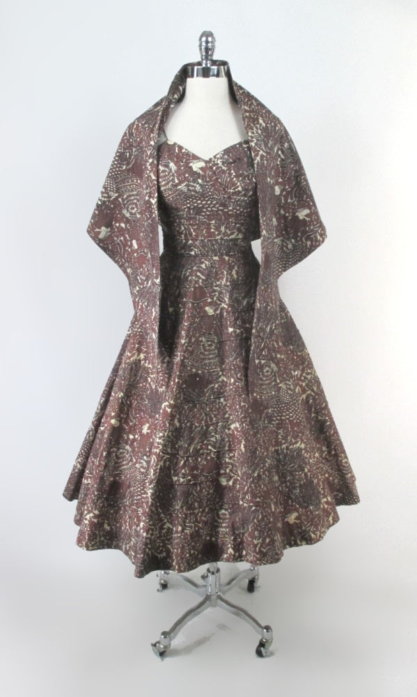 Vintage 50s Novelty Print Fit & Flare Dress Matching Wrap / Shawl