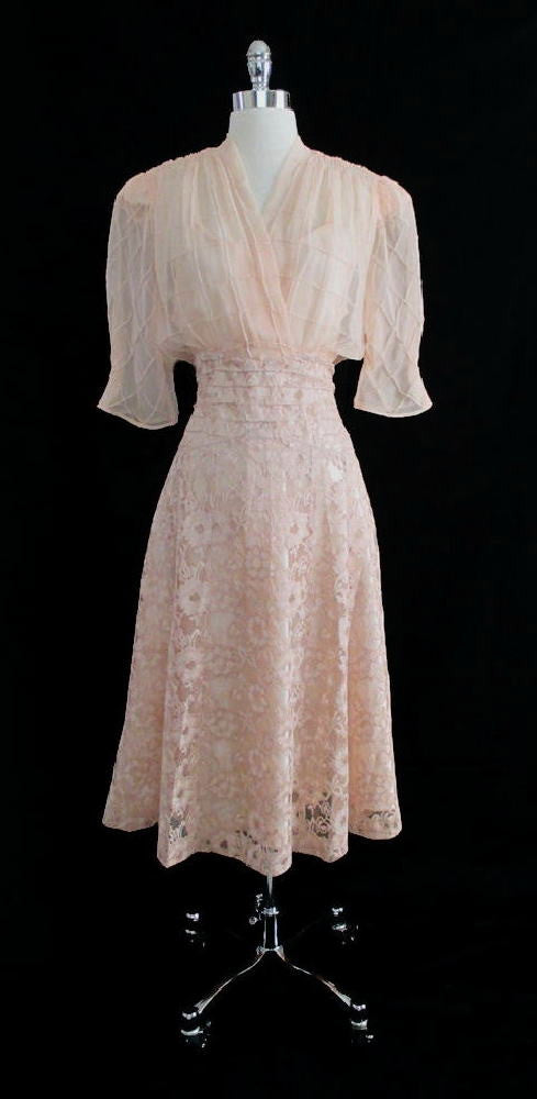 Vintage 40's Peach Lace Sheer Silk Chiffon And Satin Party Dress L - Bombshell Bettys Vintage