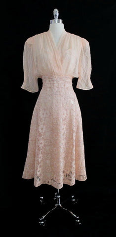 Vintage 40's Peach Lace Sheer Silk Chiffon And Satin Party Dress L