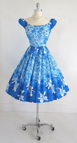 • Vintage 50's Blue Hawaiian White Orchid Full Swing Skirt Dress XS