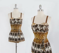 z Vintage 50's /  60's Tribal Tropical Tiki Ombre Swimsuit Playsuit S - Bombshell Bettys Vintage