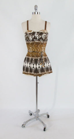 •  Vintage 50's /  60's Tribal Tropical Tiki Ombre Swimsuit Playsuit S