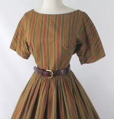 Vintage 50's 60's Autumn Stripe Full Skirt Day Dress L - Bombshell Bettys Vintage