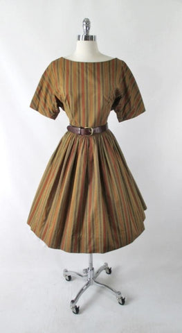 Vintage 50's 60's Autumn Stripe Full Skirt Day Dress L