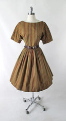 Vintage 50's 60's Autumn Stripe Full Skirt Day Dress L - Bombshell Bettys Vintage