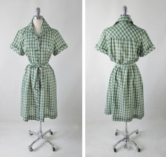 • Vintage 50s 60s Green Plaid Casual Day Dress L / XL - Bombshell Bettys Vintage