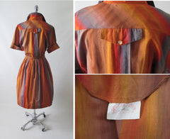 Vintage 60's 50's Ombre Stripe Shirtwaist Full Skirt Day Dress M - Bombshell Bettys Vintage
