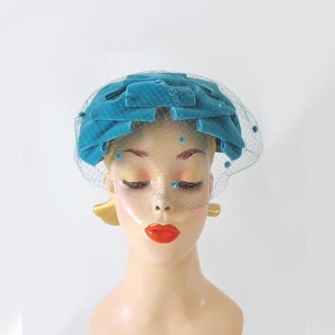 Vintage 50's Teal Blue Velvet Veil Bow Hat & Original Box