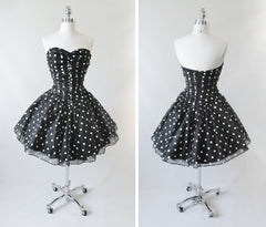 Vintage 80's / 50's Look Black White Polka Dot Sheer Full Skirt Party Dress S - Bombshell Bettys Vintage