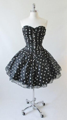 Vintage 80's / 50's Look Black White Polka Dot Sheer Full Skirt Party Dress S