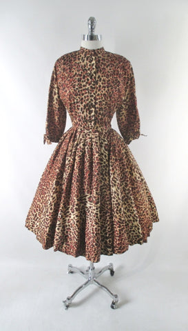 Vintage 50s Leopard Print Full Skirt Party Dress S