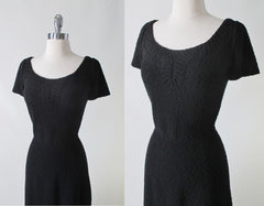 Vintage 50's Kimberly Knit Black Bouclé Sheath Sweater Dress M - Bombshell Bettys Vintage