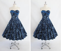 Vintage 50's Lurline Blue Sash Hawaiian Full Swing Skirt Dress S - Bombshell Bettys Vintage
