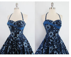 Vintage 50's Lurline Blue Sash Hawaiian Full Swing Skirt Dress S - Bombshell Bettys Vintage