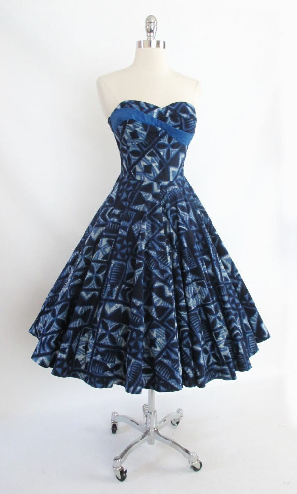 Vintage 50's Lurline Blue Sash Hawaiian Full Swing Skirt Dress S - Bombshell Bettys Vintage