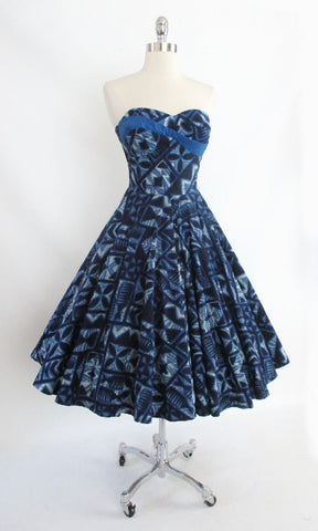 Vintage 50's Lurline Blue Sash Hawaiian Full Swing Skirt Dress S