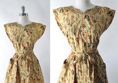 Vintage 50's Swirl Wrap Dress Kitchenware Novelty Print M - Bombshell Bettys Vintage