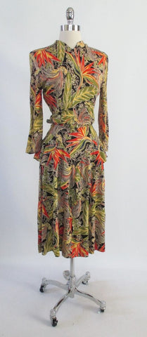• Vintage 50's 40's Look Bird Of Paradise Tropical Hawaiian Peplum Dress S