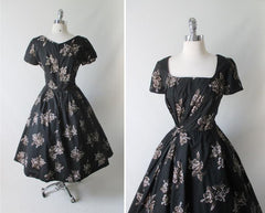 Vintage 50's 60's Black Gold Hawaiian Print Full Skirt Party Dress M - Bombshell Bettys Vintage