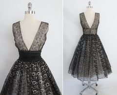 • Vintage 50's Black & Silver Lurex Lace Sheer Full Skirt Party Dress Overskirt S - Bombshell Bettys Vintage