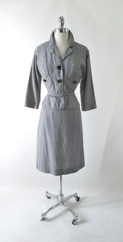 Vintage 50's Black White Check 3 Piece Peplum Suit / Skirt Jacket Set S