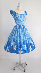 • Vintage 50's Blue Hawaiian White Orchid Full Swing Skirt Dress XS - Bombshell Bettys Vintage