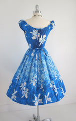• Vintage 50's Blue Hawaiian White Orchid Full Swing Skirt Dress XS - Bombshell Bettys Vintage