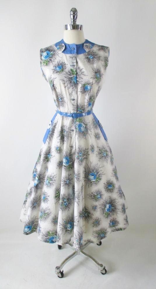Vintage 50's Blue Roses Day Dress M - Bombshell Bettys Vintage