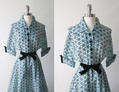 Vintage 50's Sheer Blue Flocked Sarburst Hostess Gown Dressing Robe L - Bombshell Bettys Vintage