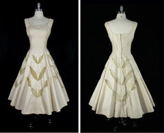 • Vintage 50's Champaign Golden Cut-Out Embroidered Leaves Party Dress S - Bombshell Bettys Vintage