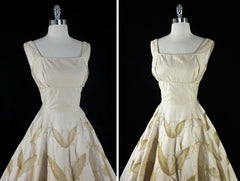 • Vintage 50's Champaign Golden Cut-Out Embroidered Leaves Party Dress S - Bombshell Bettys Vintage