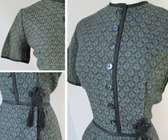 Vintage 50's Green Floral Knit Sheath Dress Tassel Detail M - Bombshell Bettys Vintage